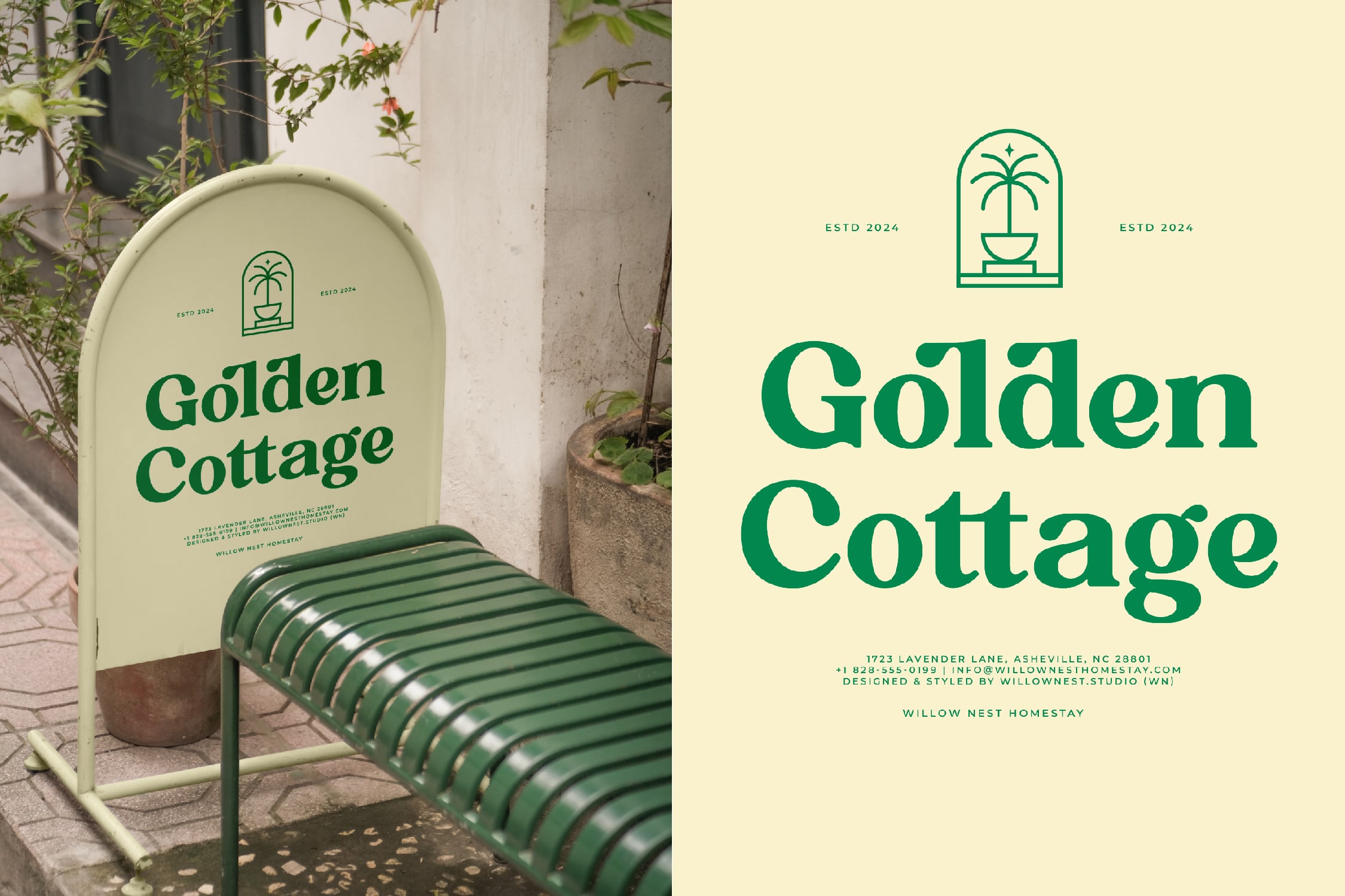 Golden Cottage branding mockup with arched sign, green bench, plant icon, cream background