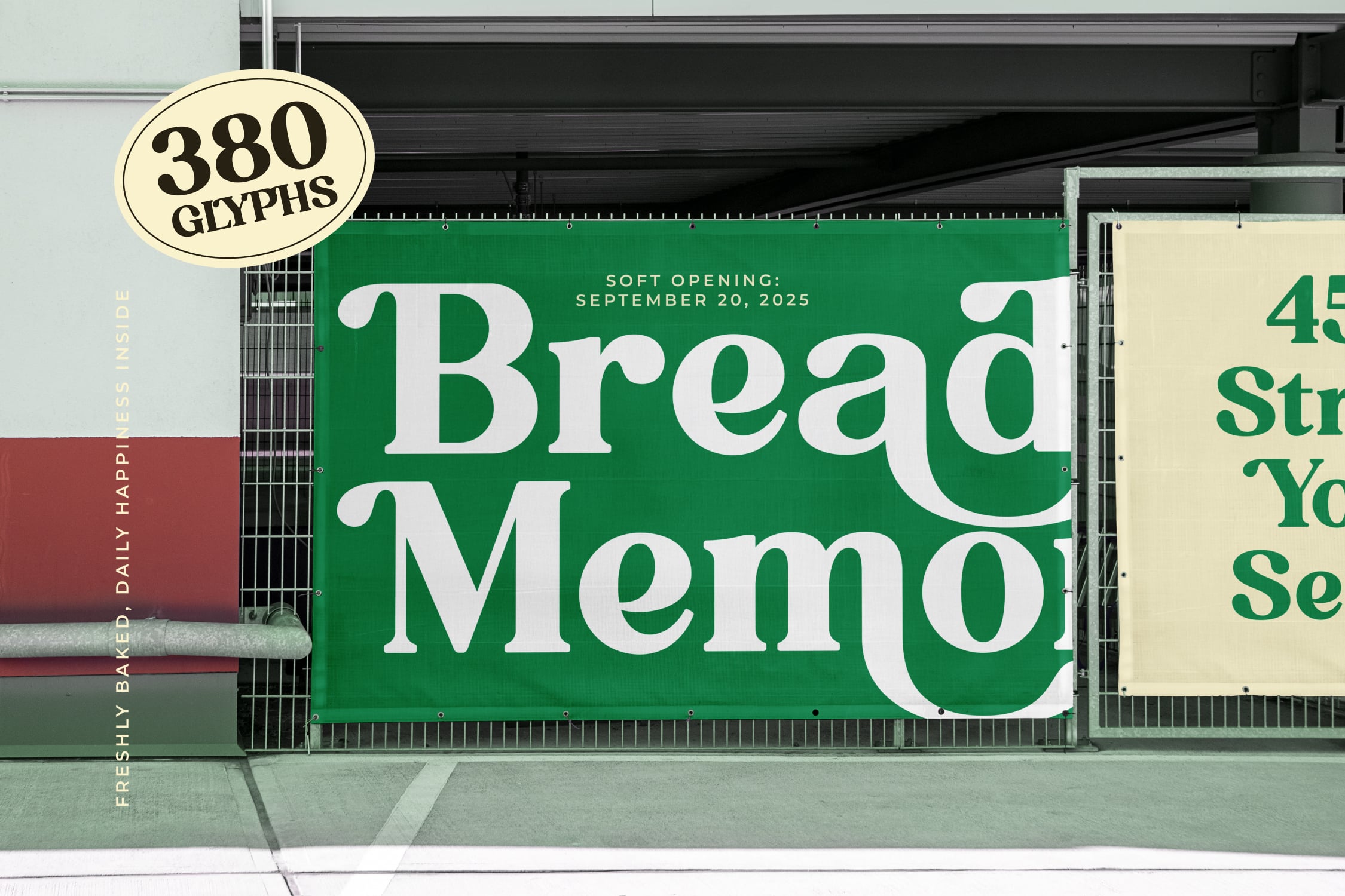 Vintage bakery storefront mockup with green awning showing "Bread Memo" opening announcement