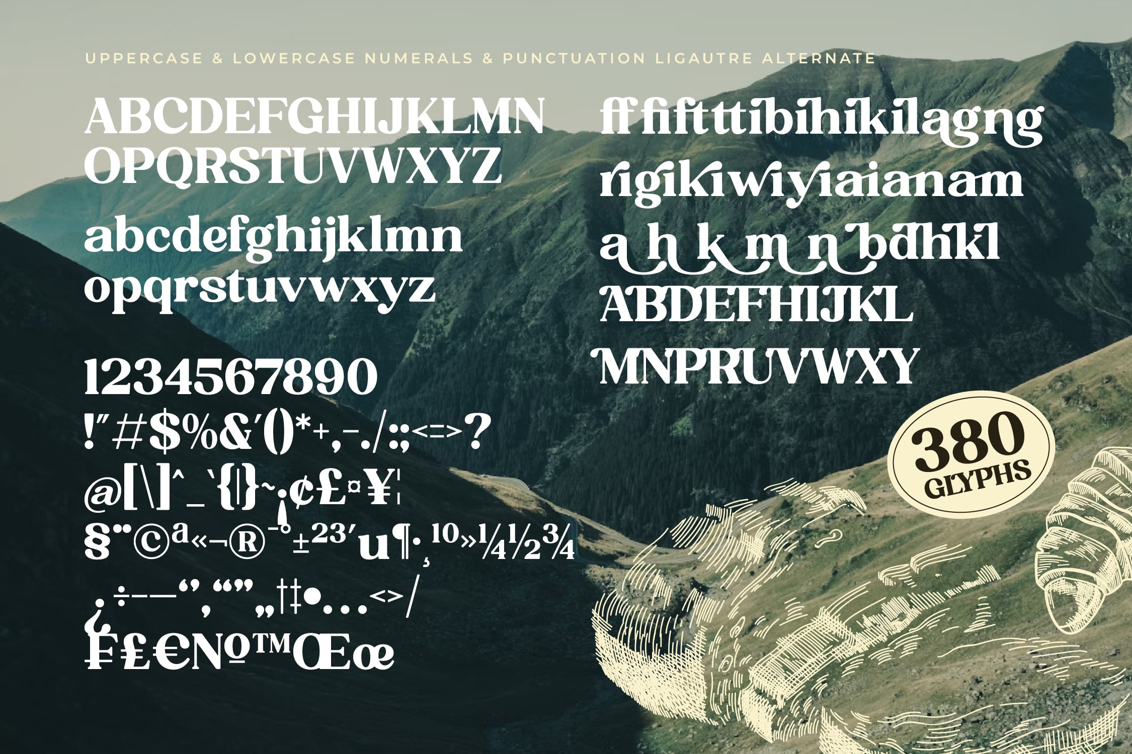 Serif typeface showing uppercase, lowercase, numbers, ligatures with 380 glyphs over mountain landscape background