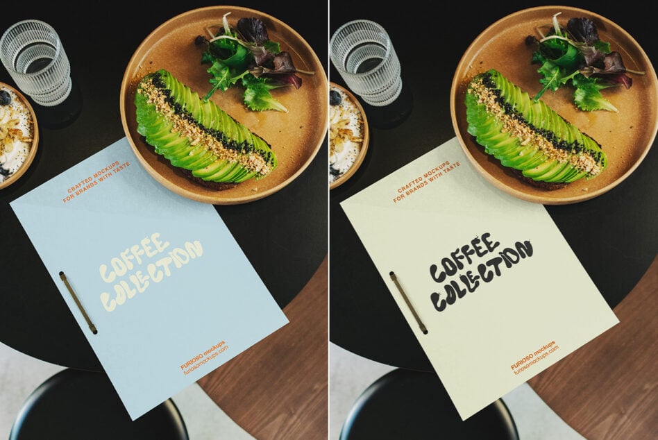 Two color variations of a café branding mockup with avocado toast bowl, notebooks, plus styling props on dark surface