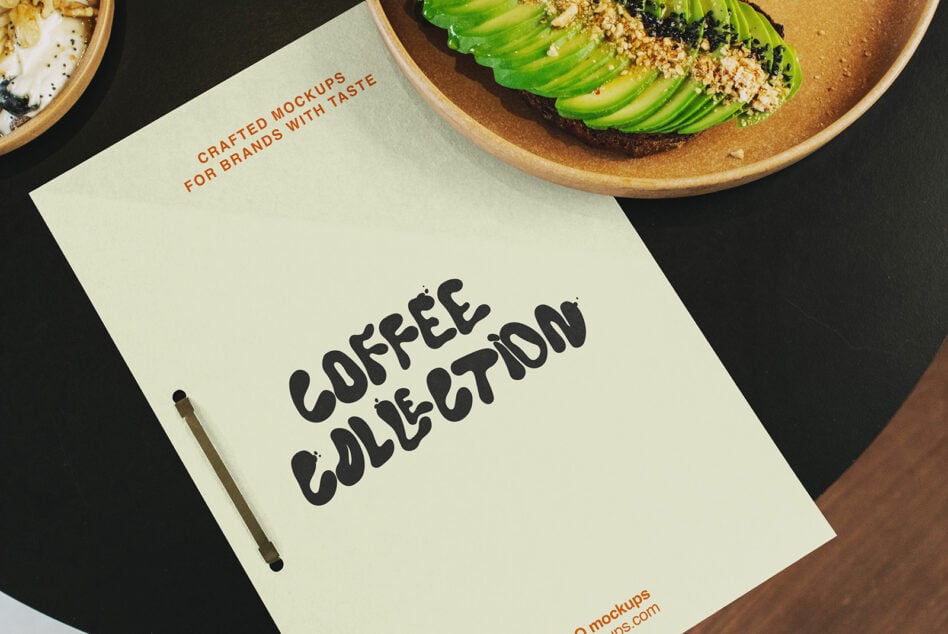 Coffee branding mockup with avocado toast bowls, cream paper, marker on dark surface