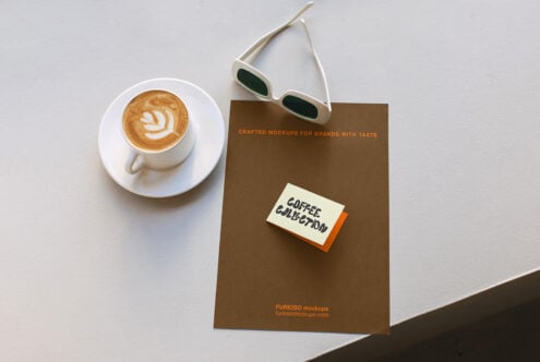 Flat lay of brown paper mockup with sticky note, cappuccino cup, plus retro sunglasses on minimal background