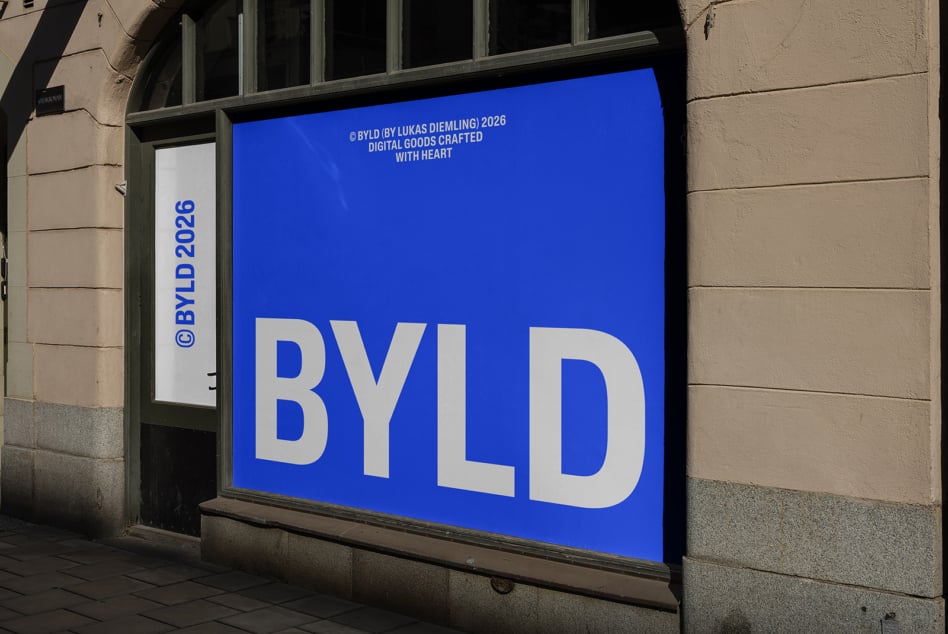 Street-level storefront display with bright blue screen showing oversized BYLD branding in white letters