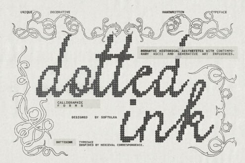 Vintage poster showcasing ornamental typeface with dotted lettering, decorative swirls, calligraphic forms on cream paper