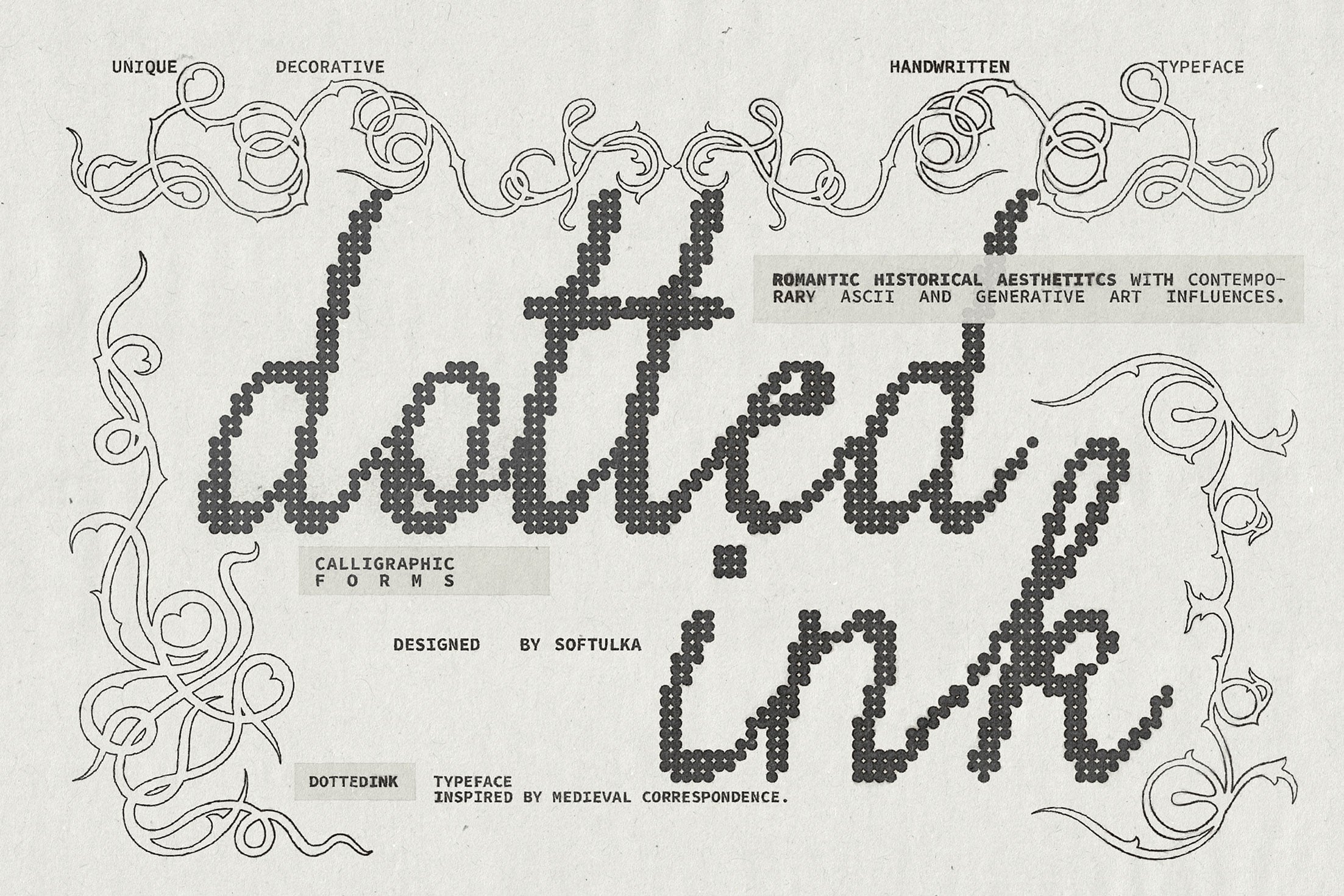 Vintage poster showcasing ornamental typeface with dotted lettering, decorative swirls, calligraphic forms on cream paper