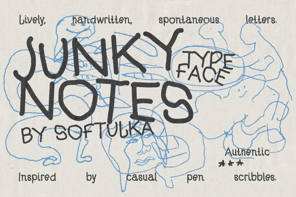 Junky Notes typeface with loose pen scribbles, casual handwritten vibe by Softulka