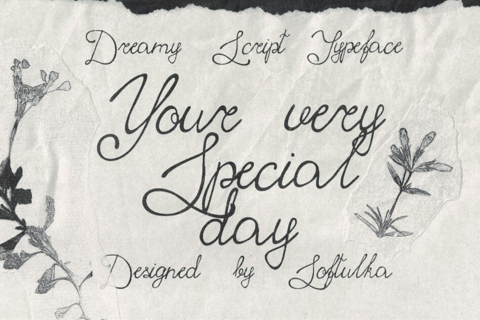Dreamy Script Typeface with delicate botanical line drawings on textured paper background