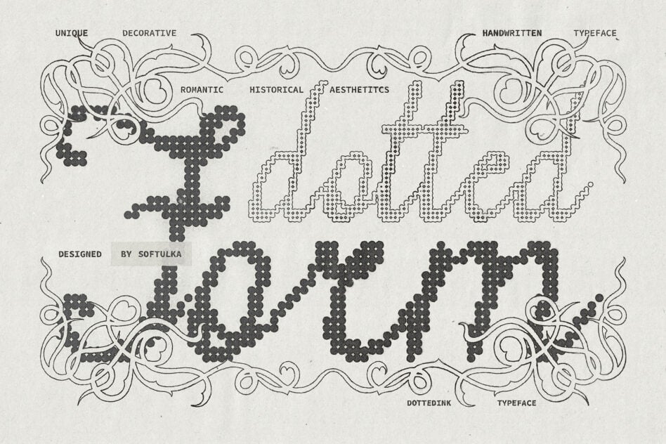 Vintage decorative font specimen sheet with ornate flourishes, dotted letterforms, handwritten swashes by Softulka