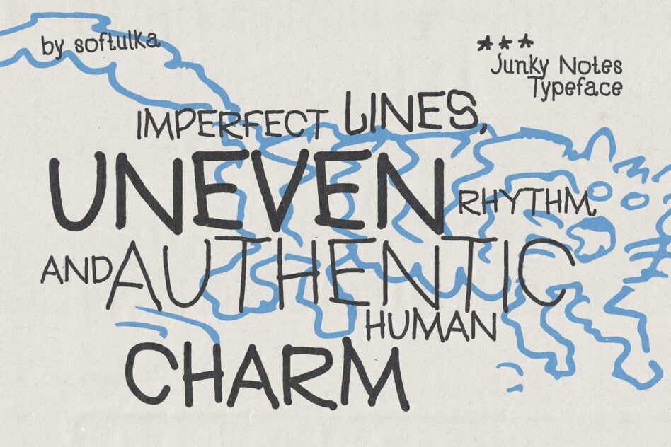 Junky Notes typeface with wobbly blue line doodles on cream paper background
