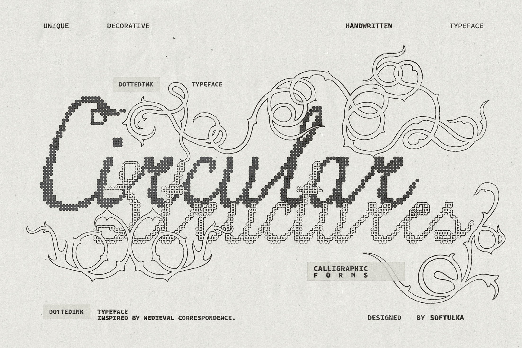 Ornate serif typeface with dotted texture, flowing decorative flourishes, medieval calligraphy vibes throughout design