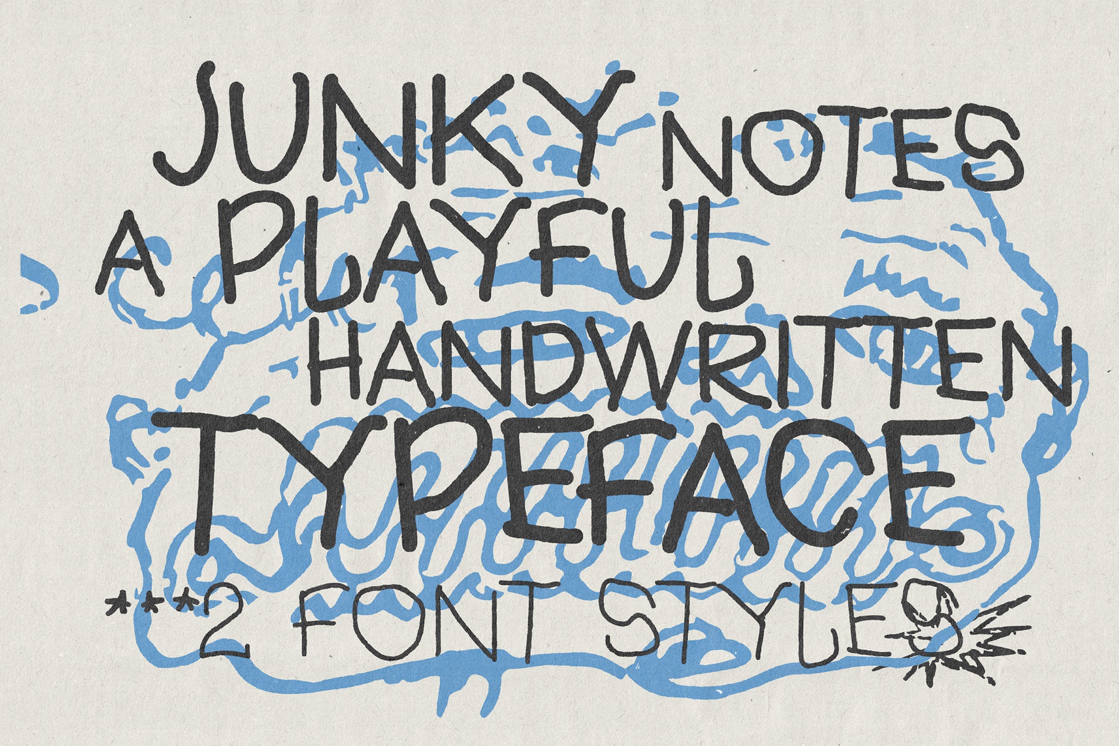 Junky Notes playful handwritten typeface with blue scribble texture overlays on cream background