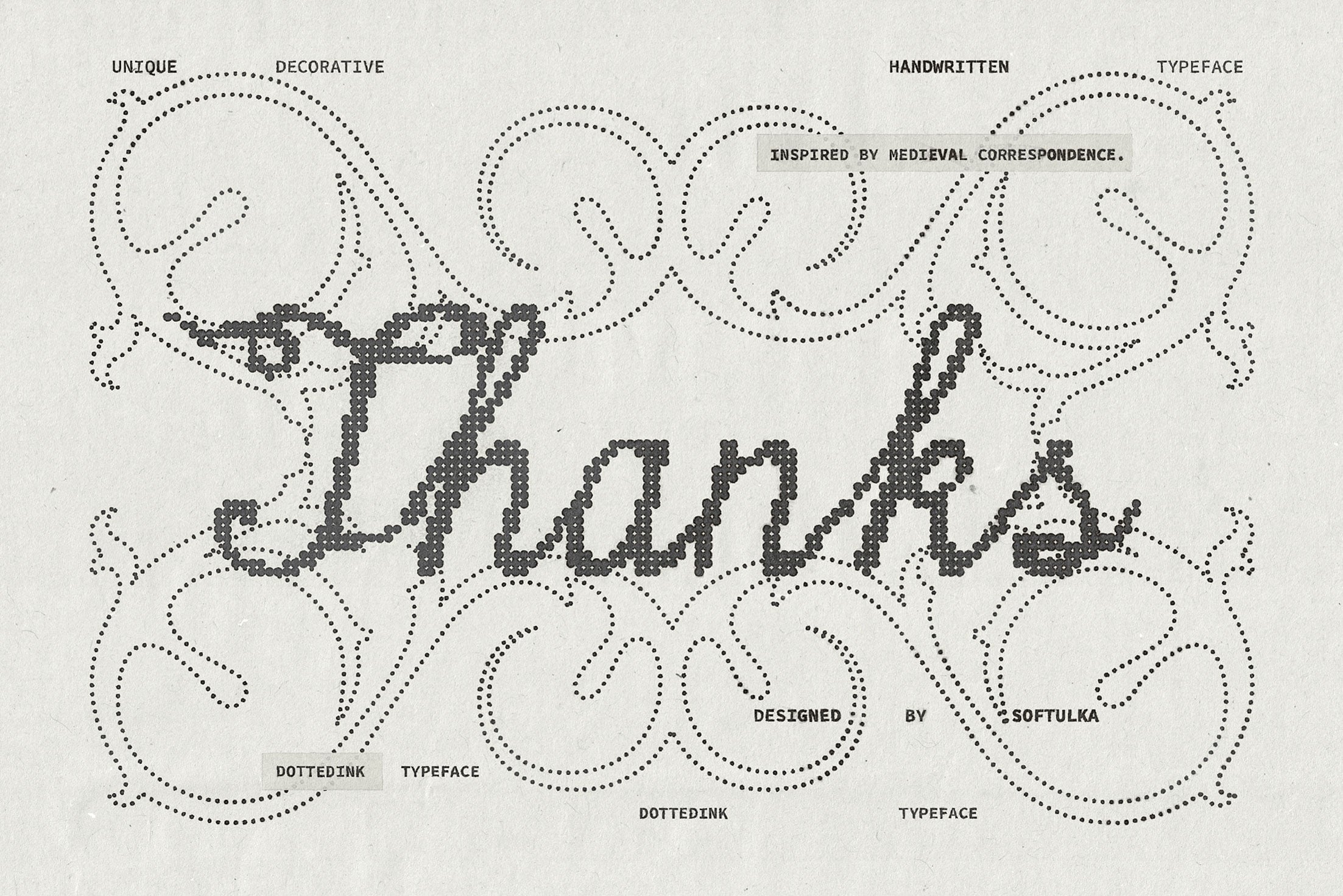 Dotted decorative typeface with medieval-inspired flourishes, pixelated letters, vintage aesthetic design mockup