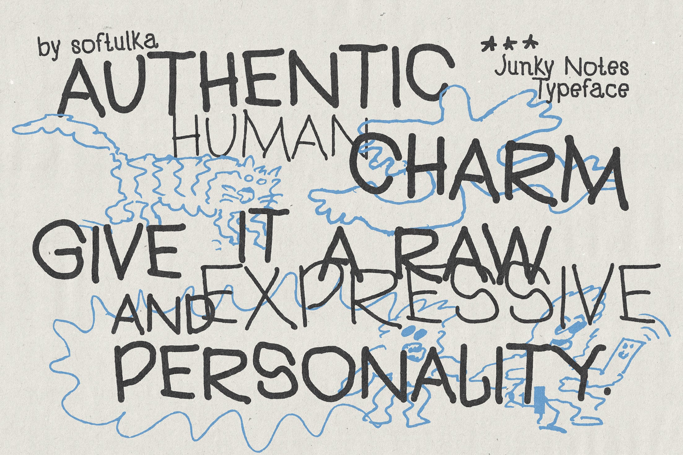 Junky Notes typeface with hand-drawn doodles, raw handwritten style on cream paper