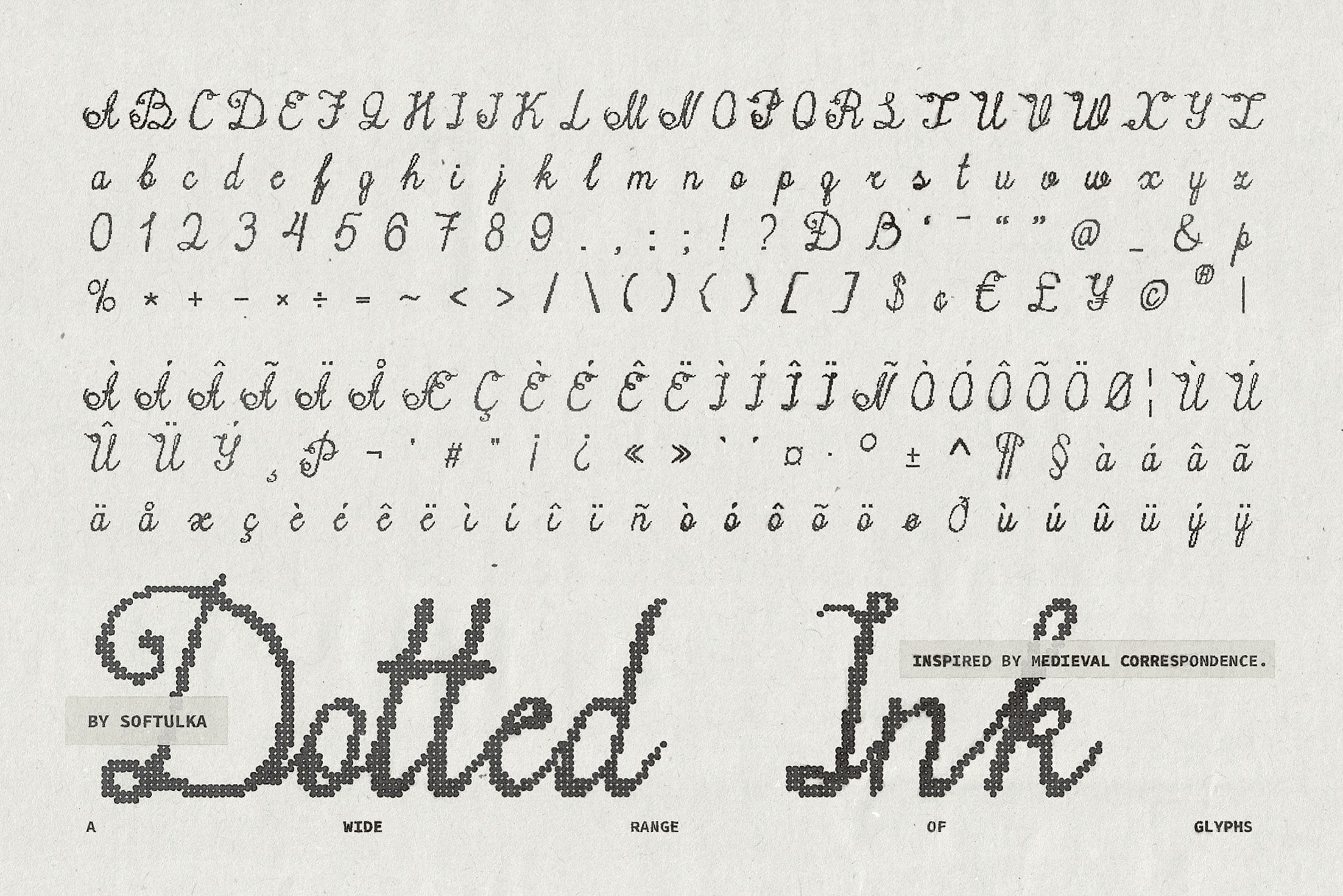Lofted Ink font showing full character set with decorative caps, numbers, symbols, accents