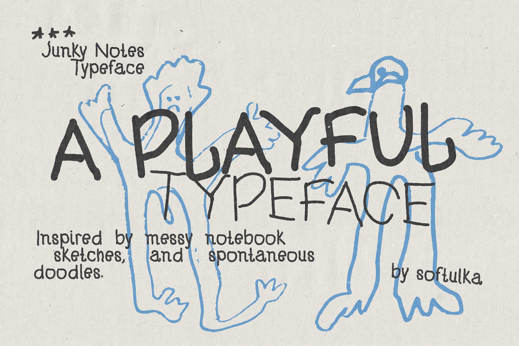 Junky Notes typeface with playful blue doodle creatures, hand-drawn sketch style font