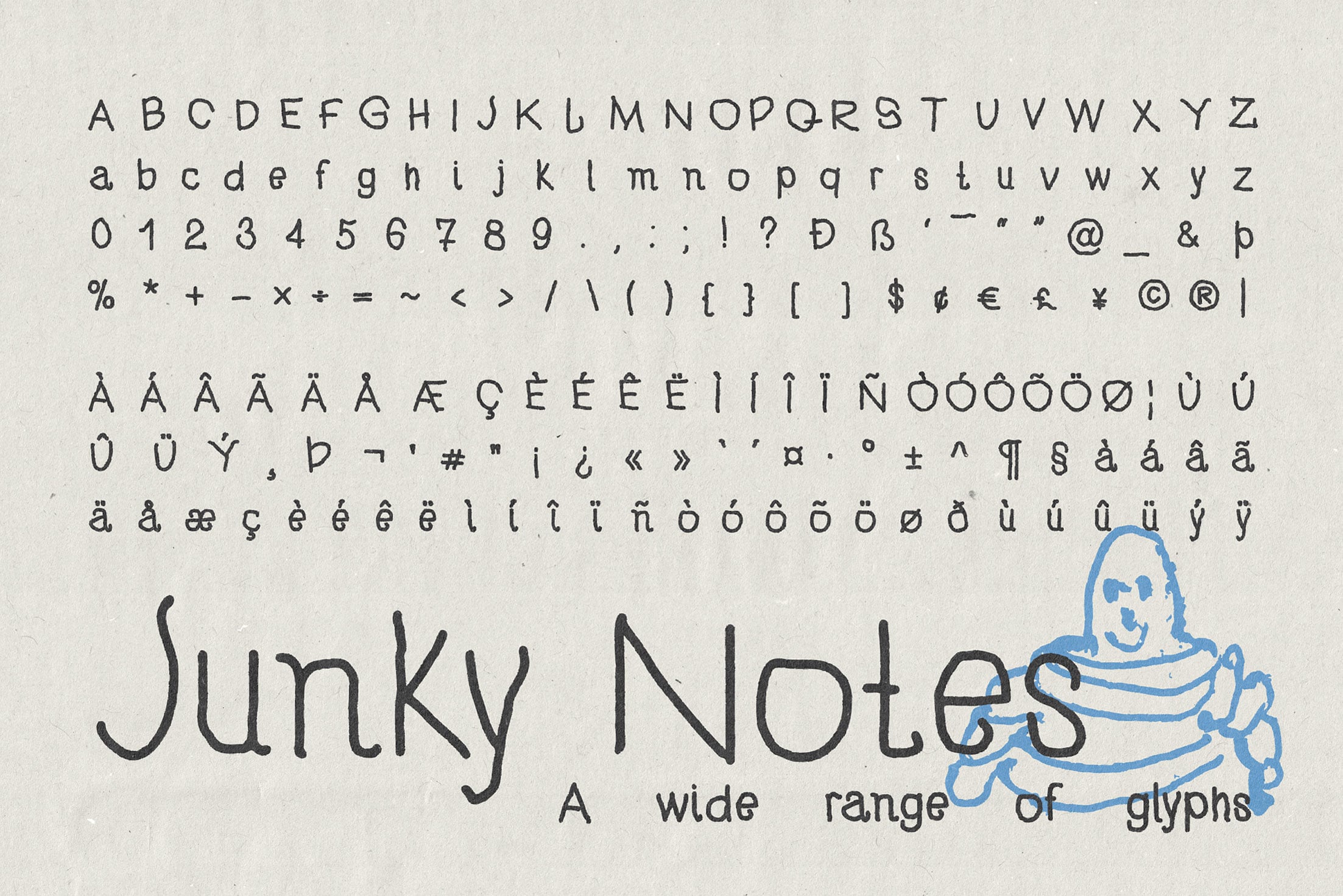 Junky Notes font showing full character set with accents, symbols, numbers on textured background
