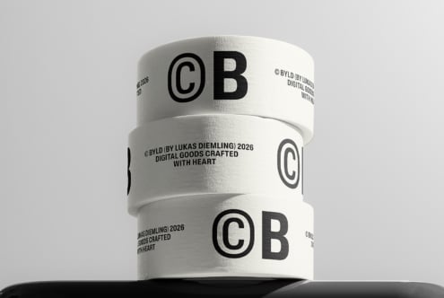 Stacked white packing tape rolls with bold CB logo branding, copyright text wrapping around in minimalist black typography