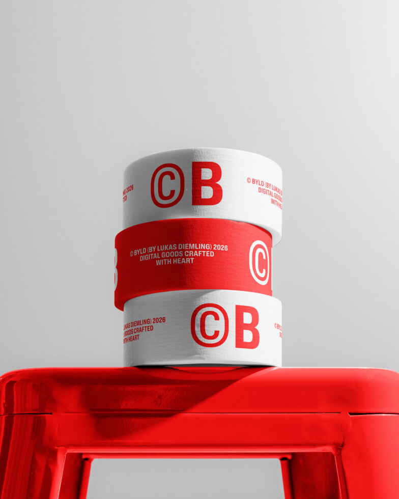 Stacked tape rolls with red CB logo on white, sitting on bold red box mockup