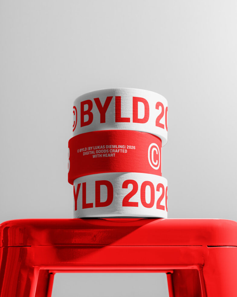 Stacked duct tape rolls with BYLD branding in red, white, gray backdrop, sitting on red box