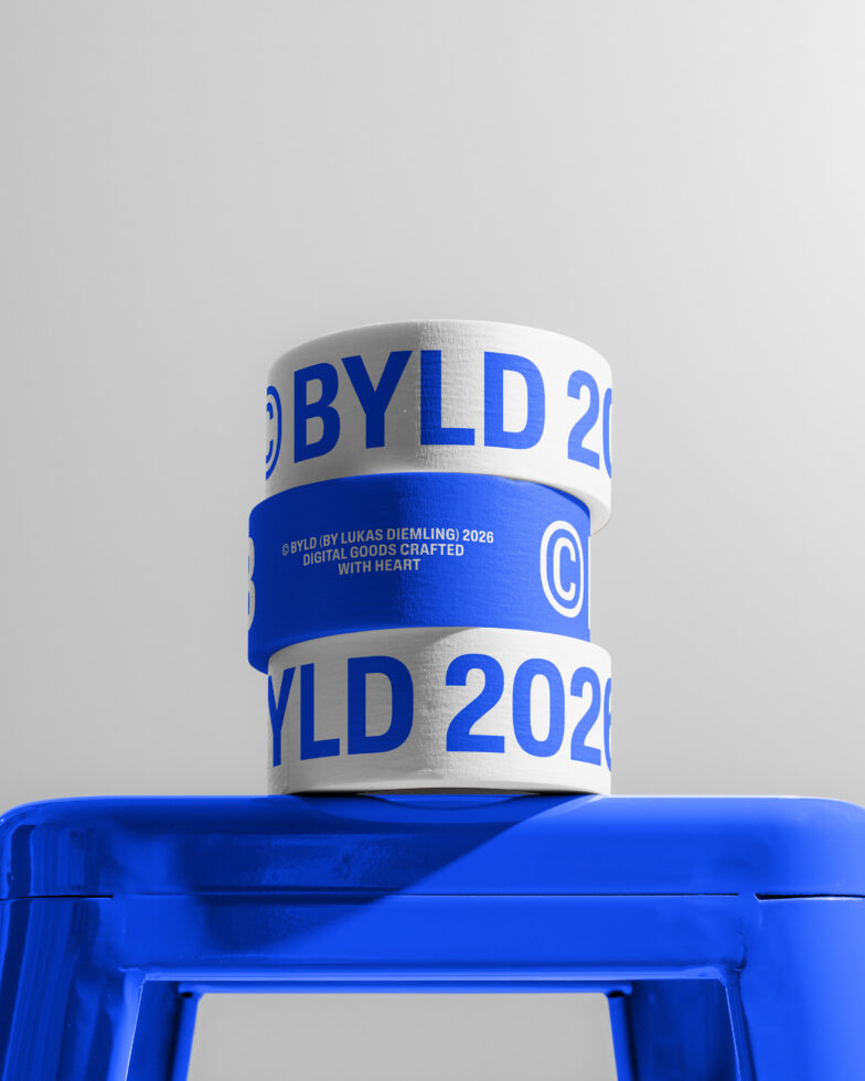 Stacked branded tape rolls in blue on a bright blue box mockup