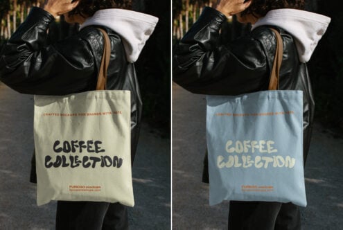 Canvas tote bag mockup in cream, light blue showing coffee collection branding on model