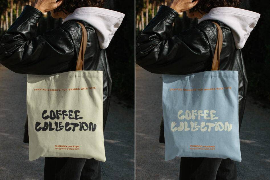 Canvas tote bag mockup in cream, light blue showing coffee collection branding on model