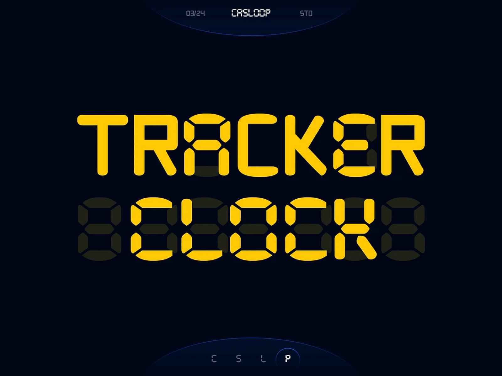 Retro arcade game screen with bold yellow pixelated text reading Tracker Scoreboard on dark blue background