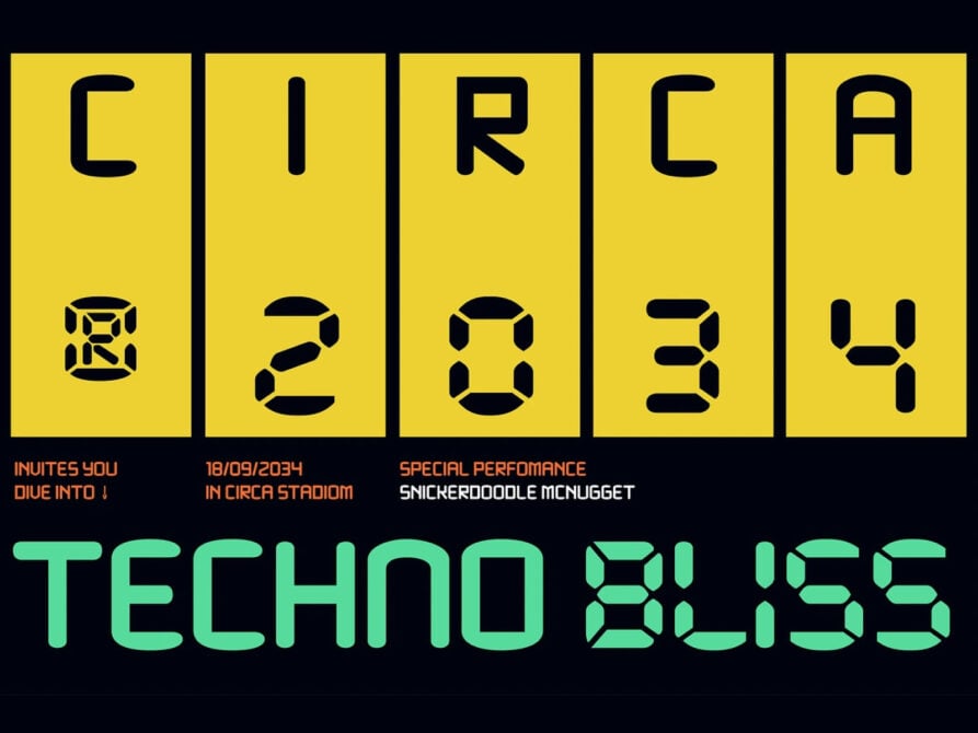 Retro techno event poster with bold yellow digits, neon green text, black background