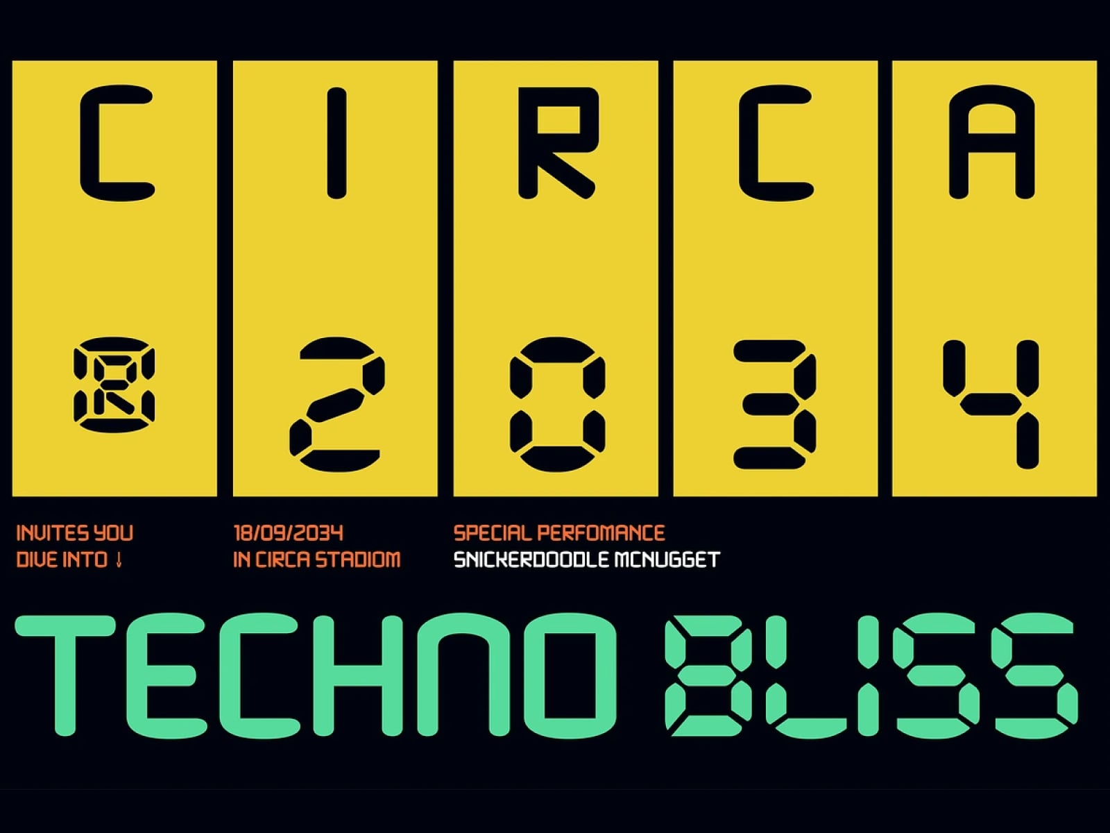 Retro techno event poster with bold yellow digits, neon green text, black background