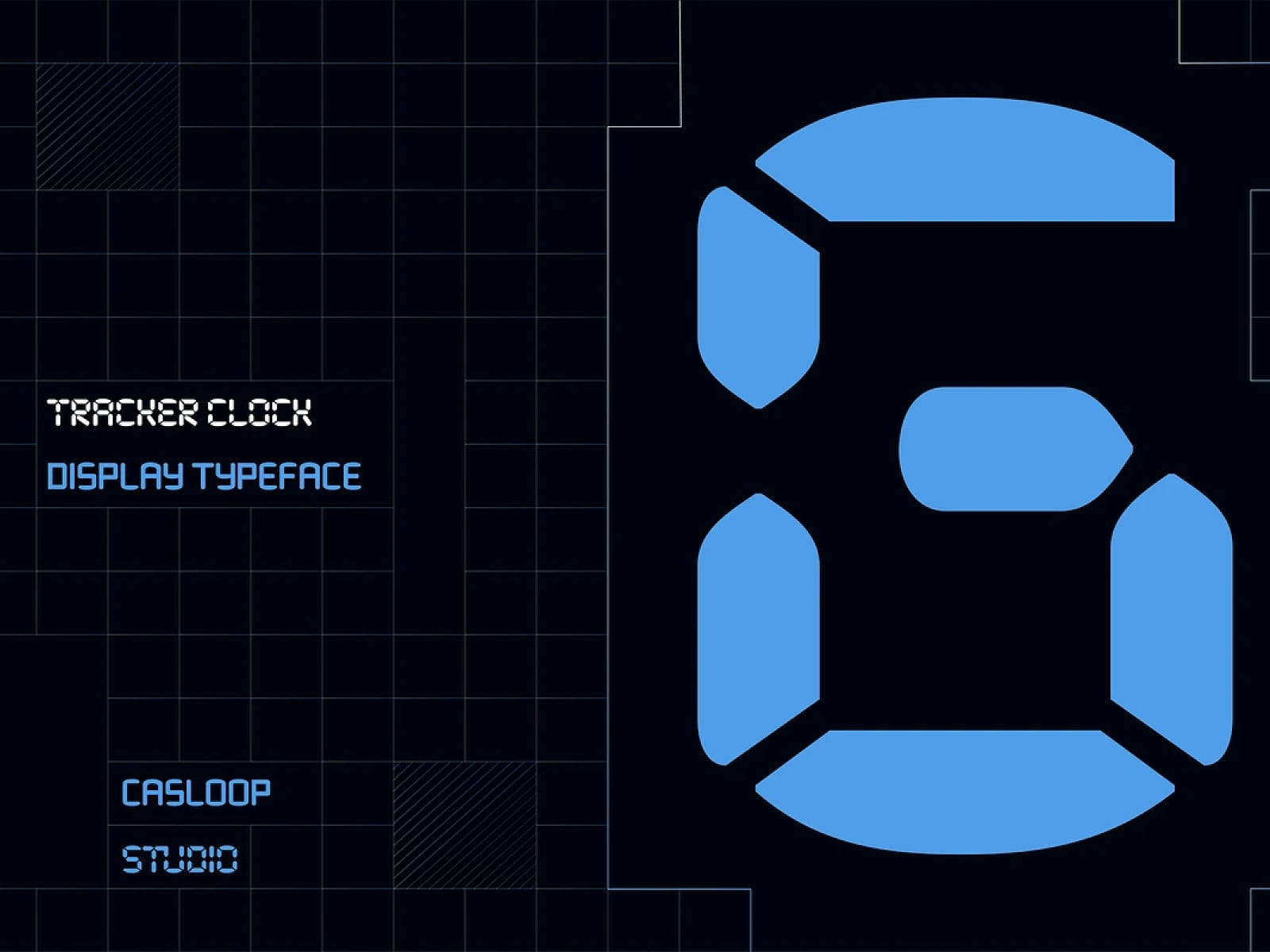 Tracker Clock display typeface with blue geometric shapes on dark grid background