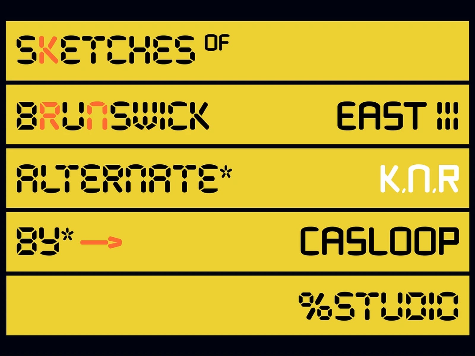 Retro yellow banner mockup with bold pixelated type in black, red accents