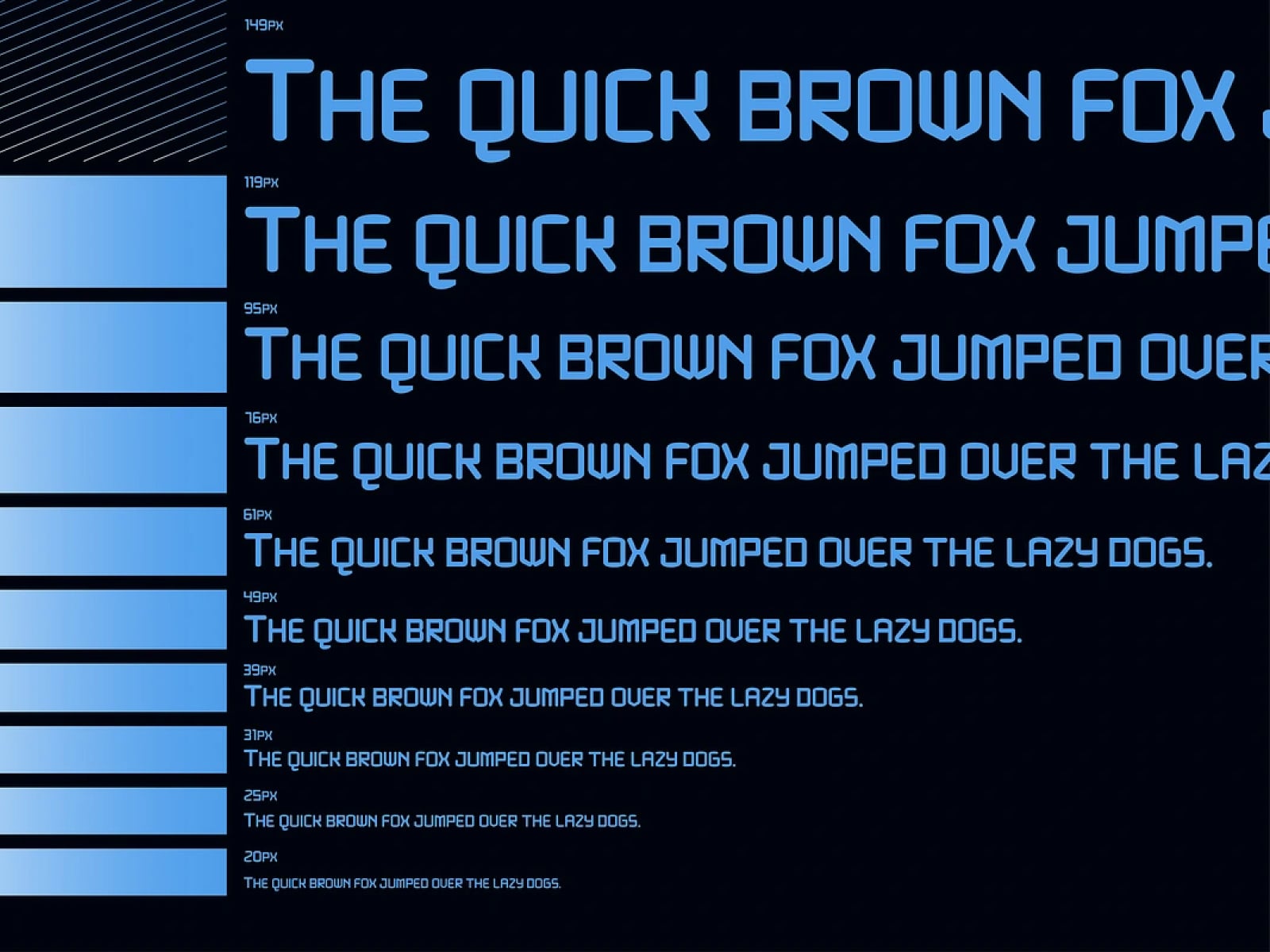 Bold futuristic font display showing multiple sizes from 149px down to 20px on dark background