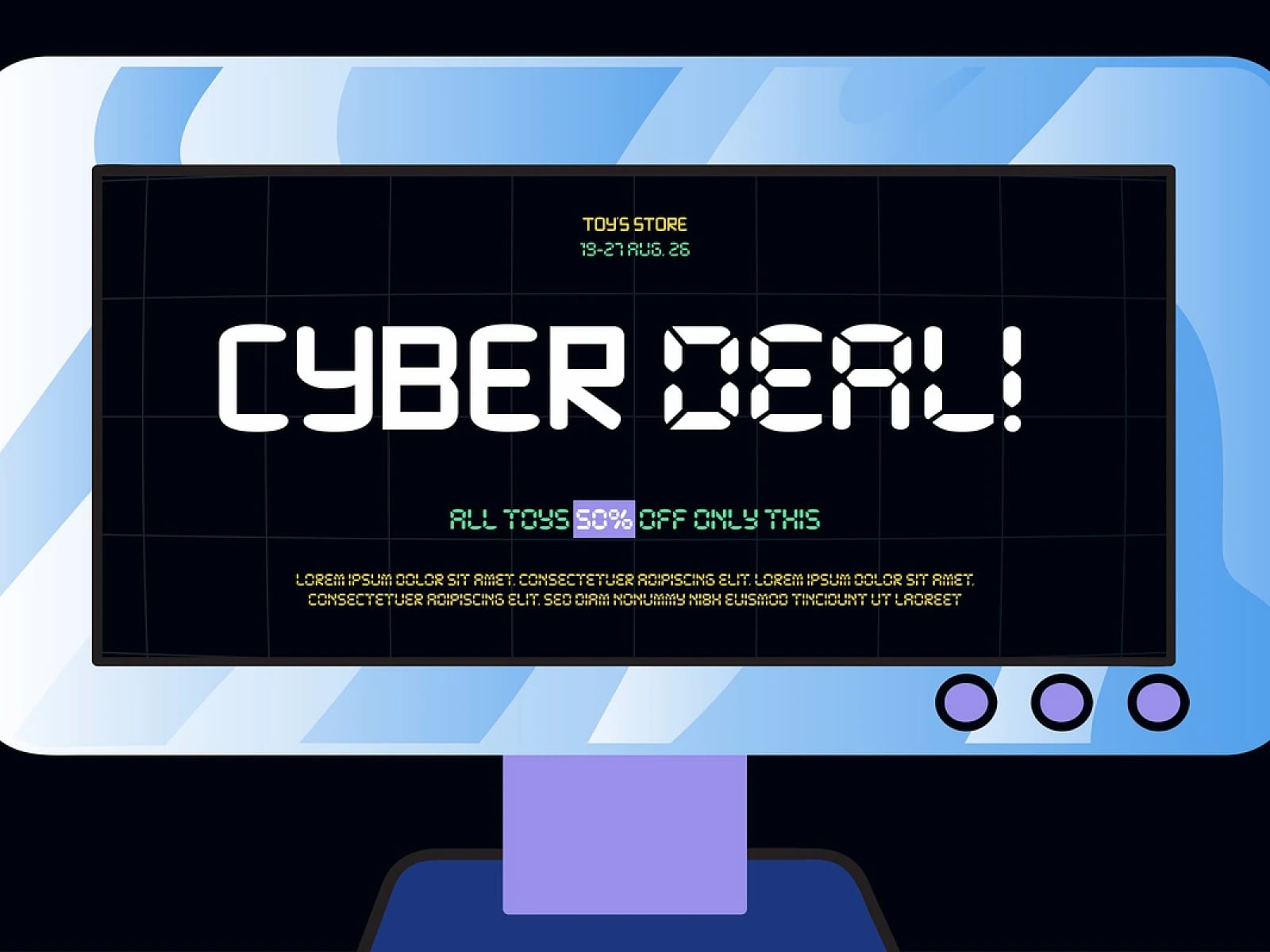 Retro cyber sale banner mockup with glitchy digital font on dark screen display