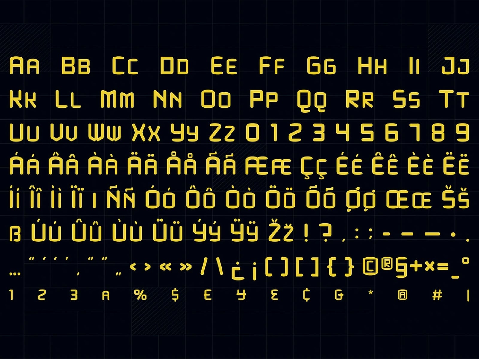 Bright yellow geometric typeface with full character set on dark grid background