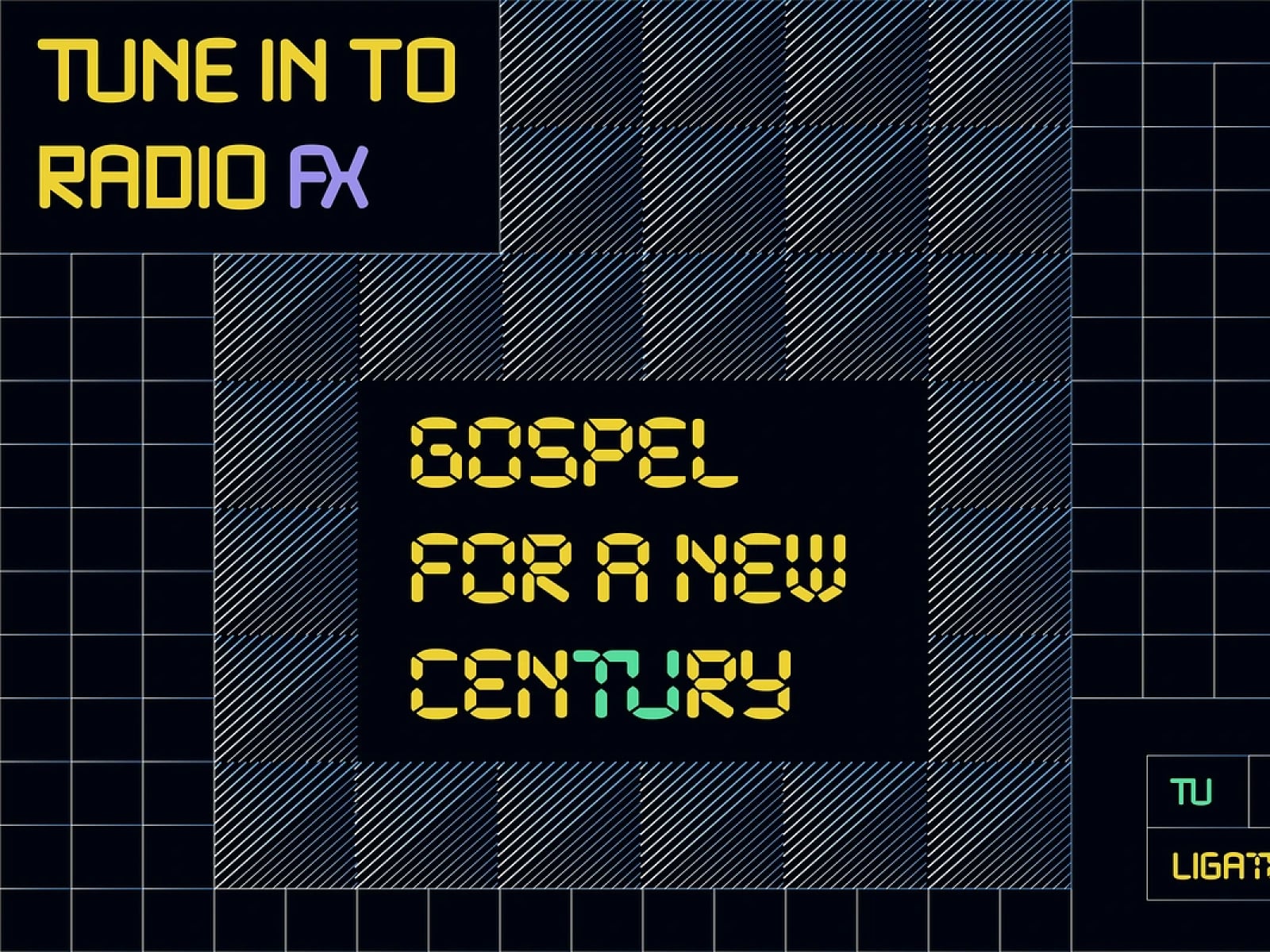 Retro radio display mockup with yellow digital text on black screen, cyan accent