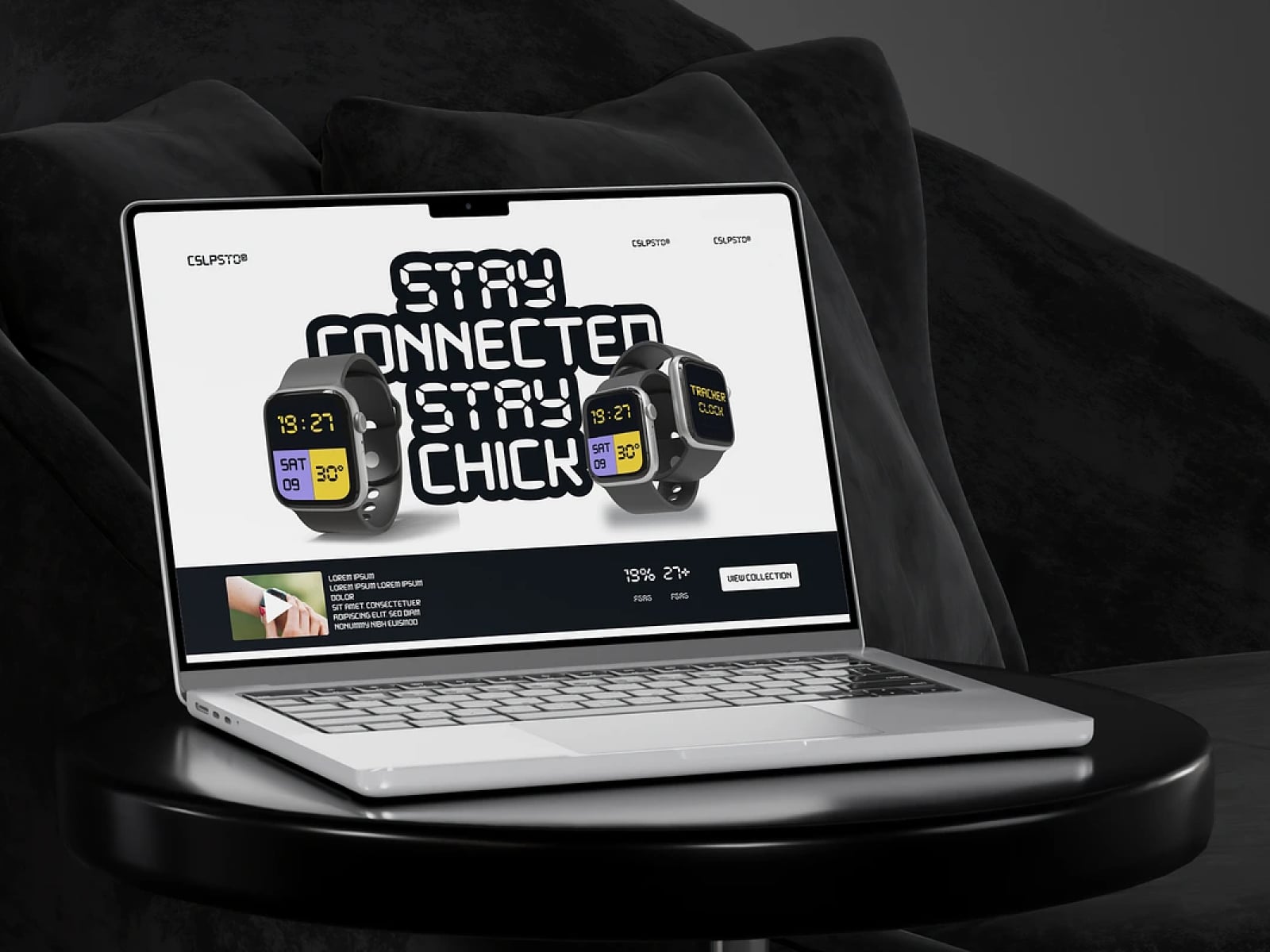 Laptop mockup displaying smartwatch product page with bold typography saying "Stay Connected Stay Chick"