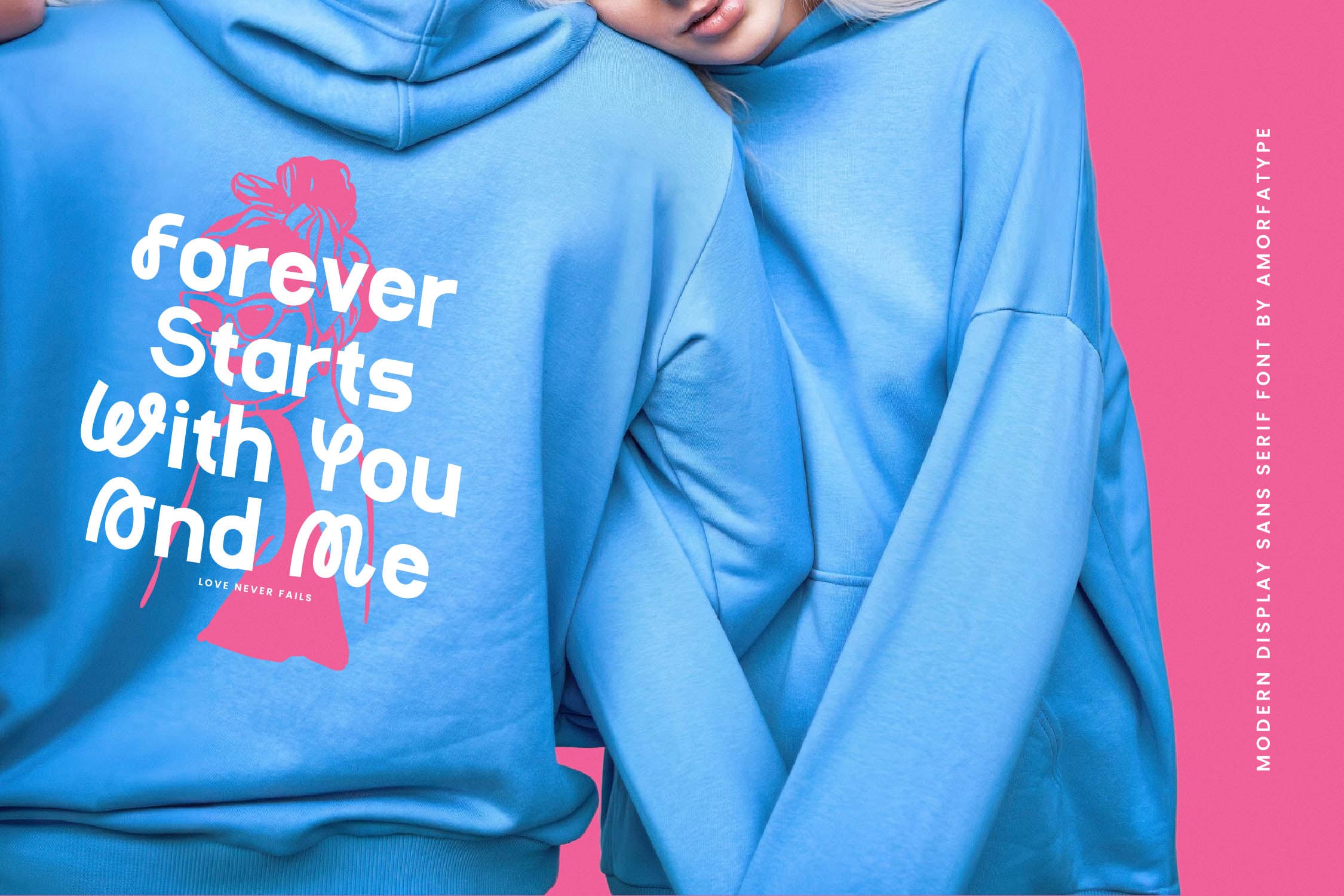 Blue hoodie mockup with white text saying "forever Starts with You lond lole" plus pink floral graphic on chest