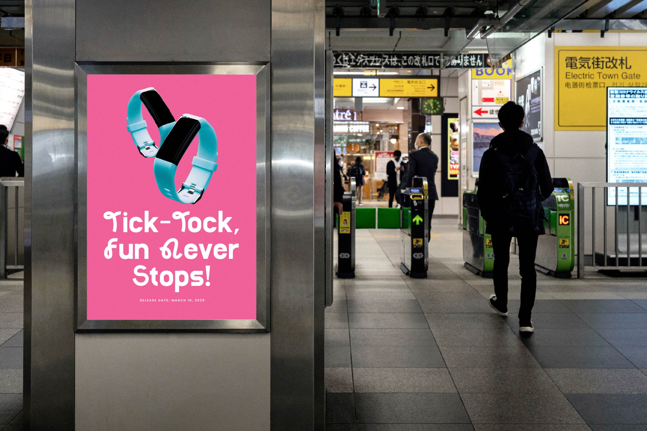 Bright pink subway poster mockup showing turquoise smartwatch with playful tagline, transit station setting