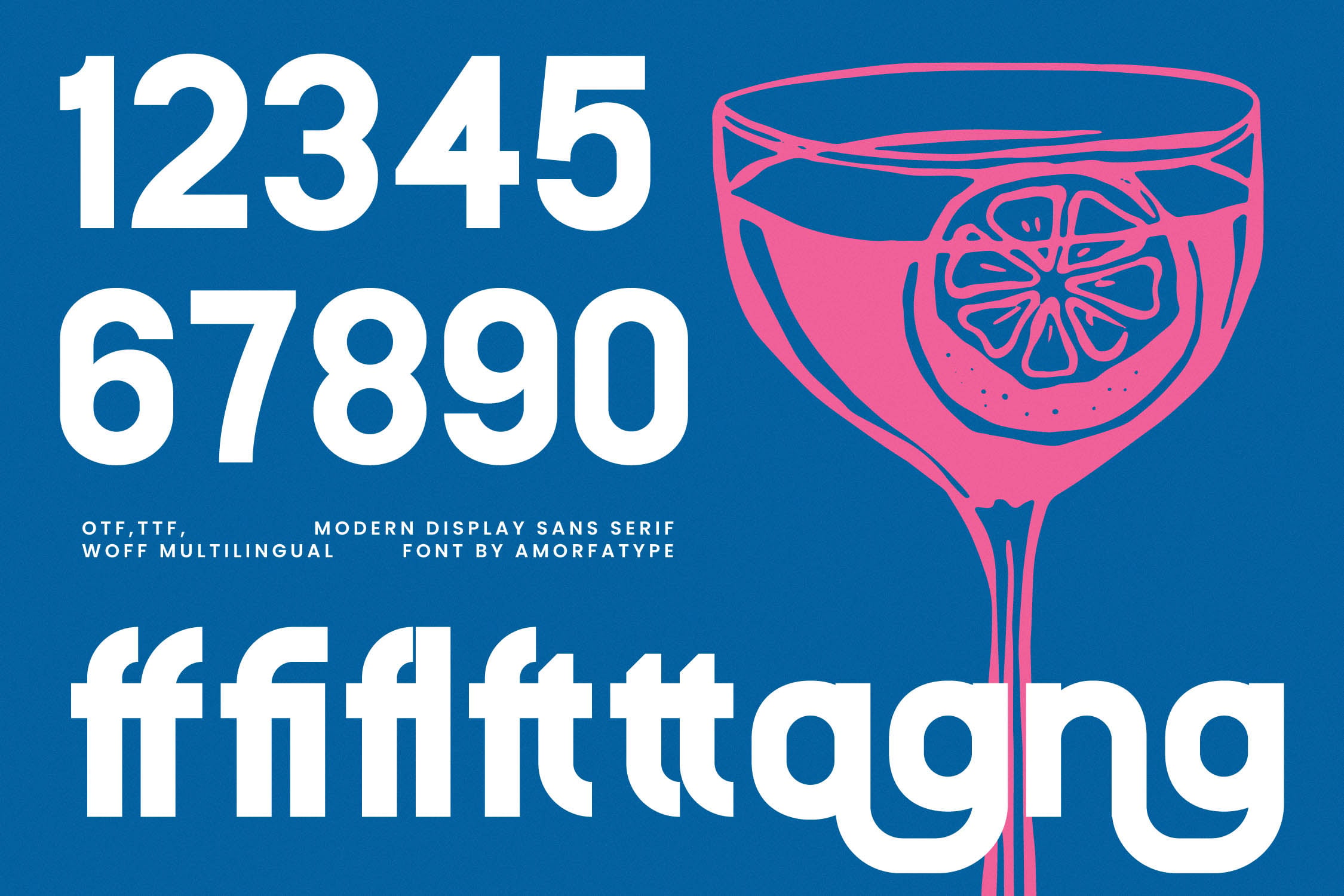 Bold sans serif font displayed with numbers, text, plus neon cocktail illustration on deep blue background