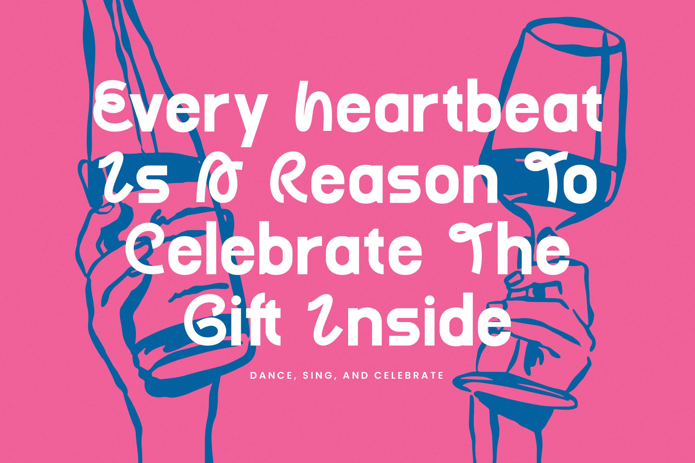 Bright pink poster with two hands holding gift bags, white playful text about celebrating heartbeats