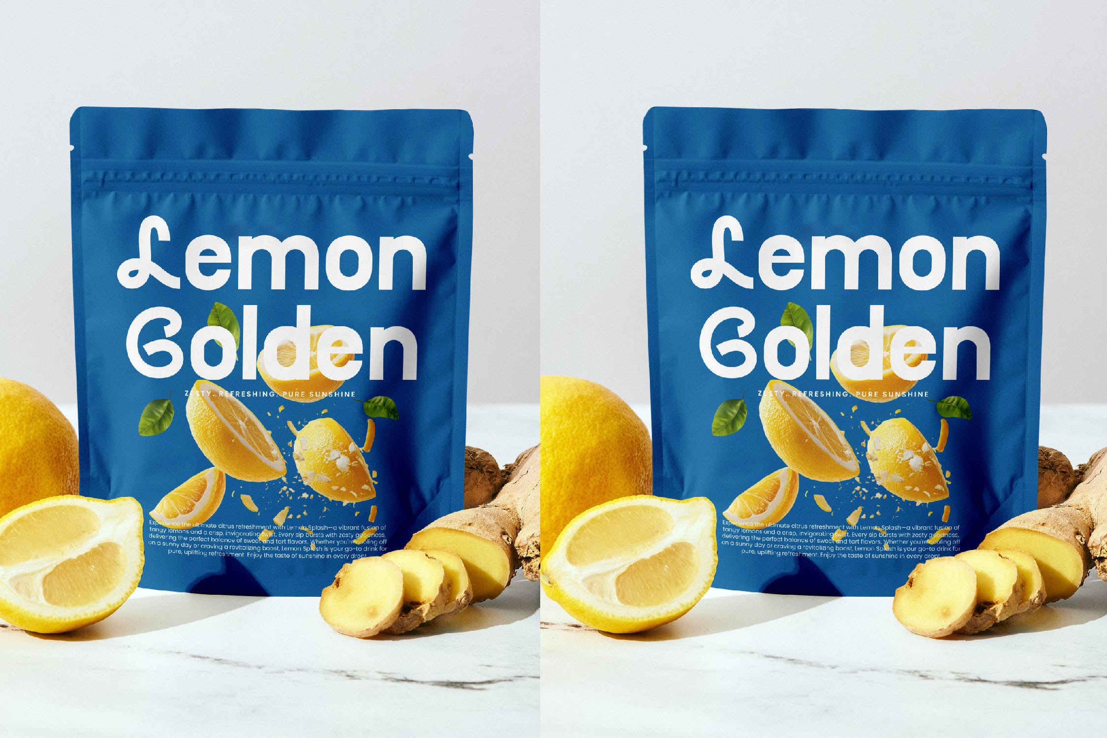 Lemon Golden pouch mockup with fresh lemons, ginger, blue packaging styled on marble