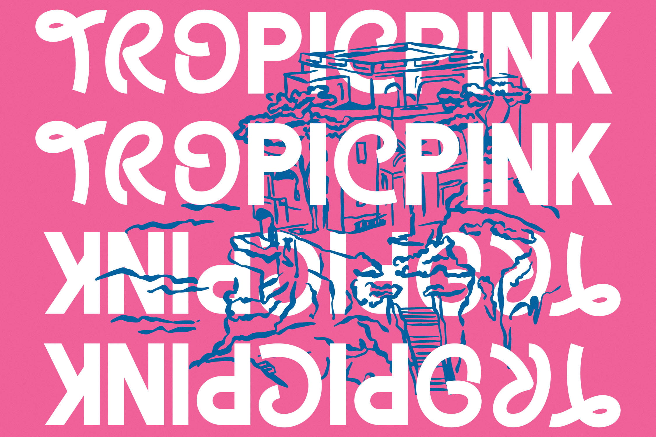 Bold pink poster with white text stacked vertically, navy blue illustrated cityscape overlapping the letters in the center