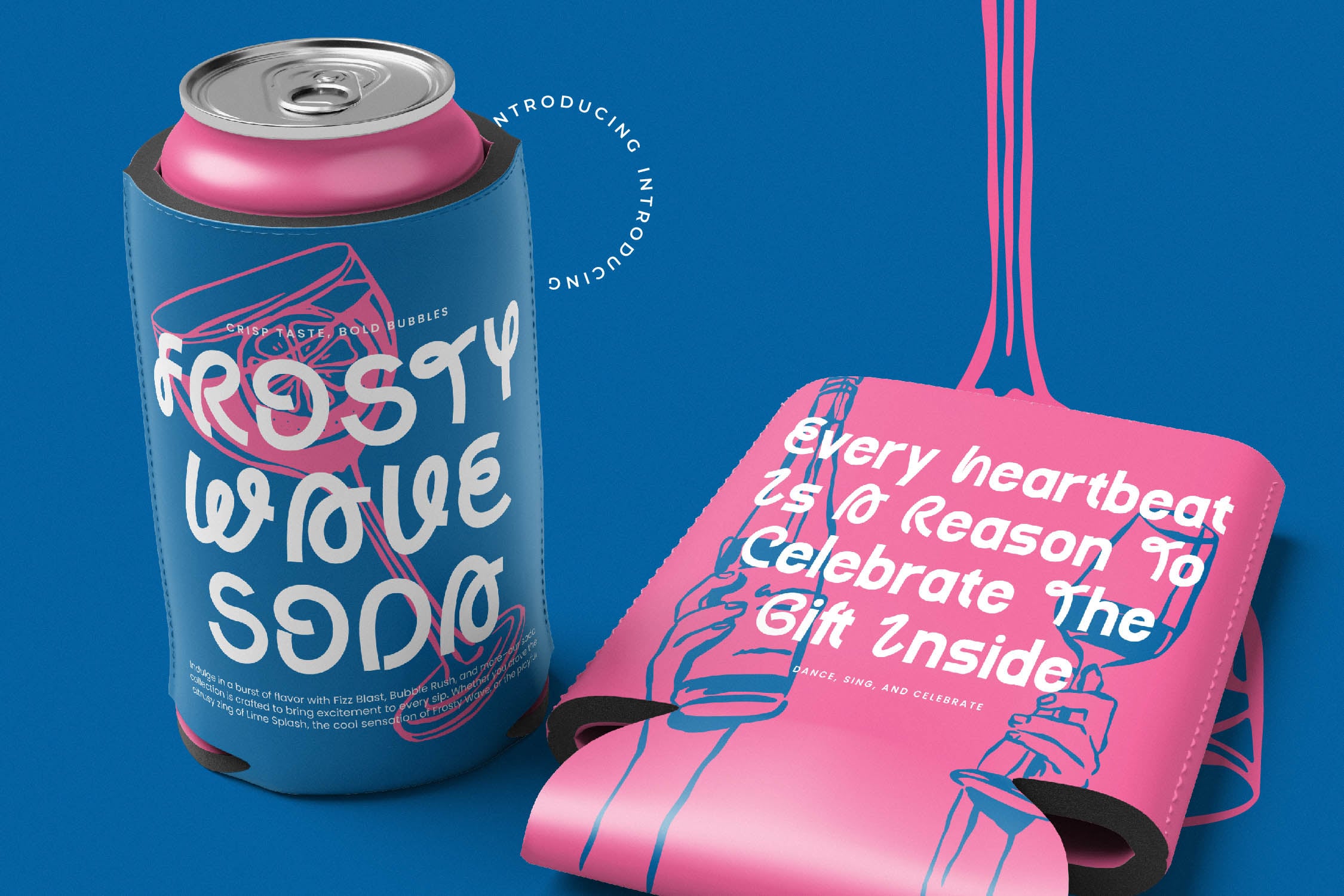 Beverage can mockup with matching pink carrier bag on blue background showing branding