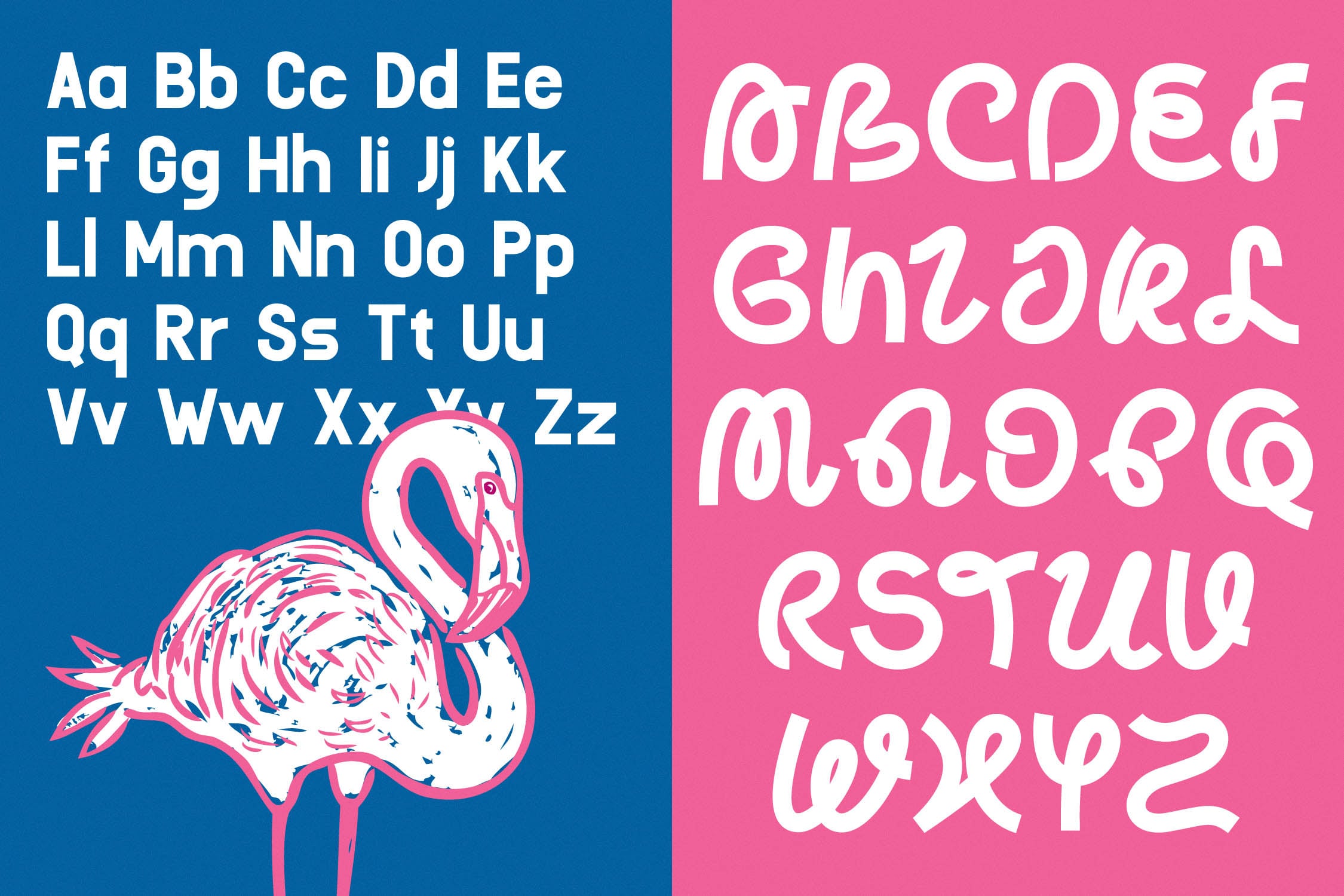 Playful wavy font with full character set on pink side, blue half shows alphabet letters