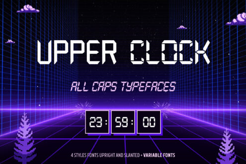 Retro synthwave font with glitchy uppercase letters, neon purple grid backdrop, pixel clouds, digital timer display below