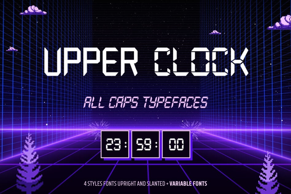 Retro synthwave font with glitchy uppercase letters, neon purple grid backdrop, pixel clouds, digital timer display below
