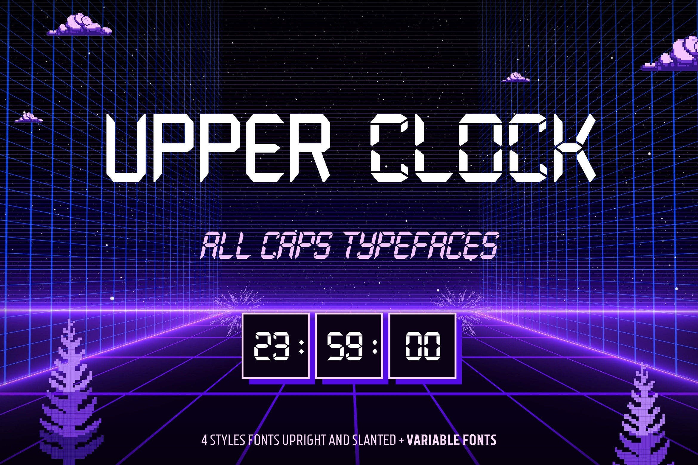 Retro synthwave font with glitchy uppercase letters, neon purple grid backdrop, pixel clouds, digital timer display below