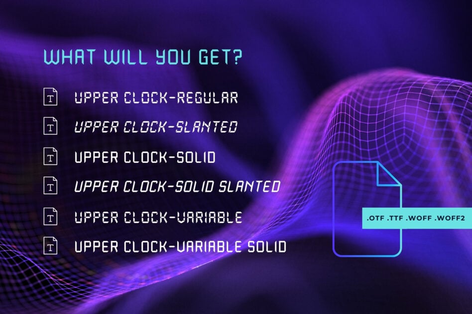 Upper Clock font family with 6 weights on neon purple wireframe background