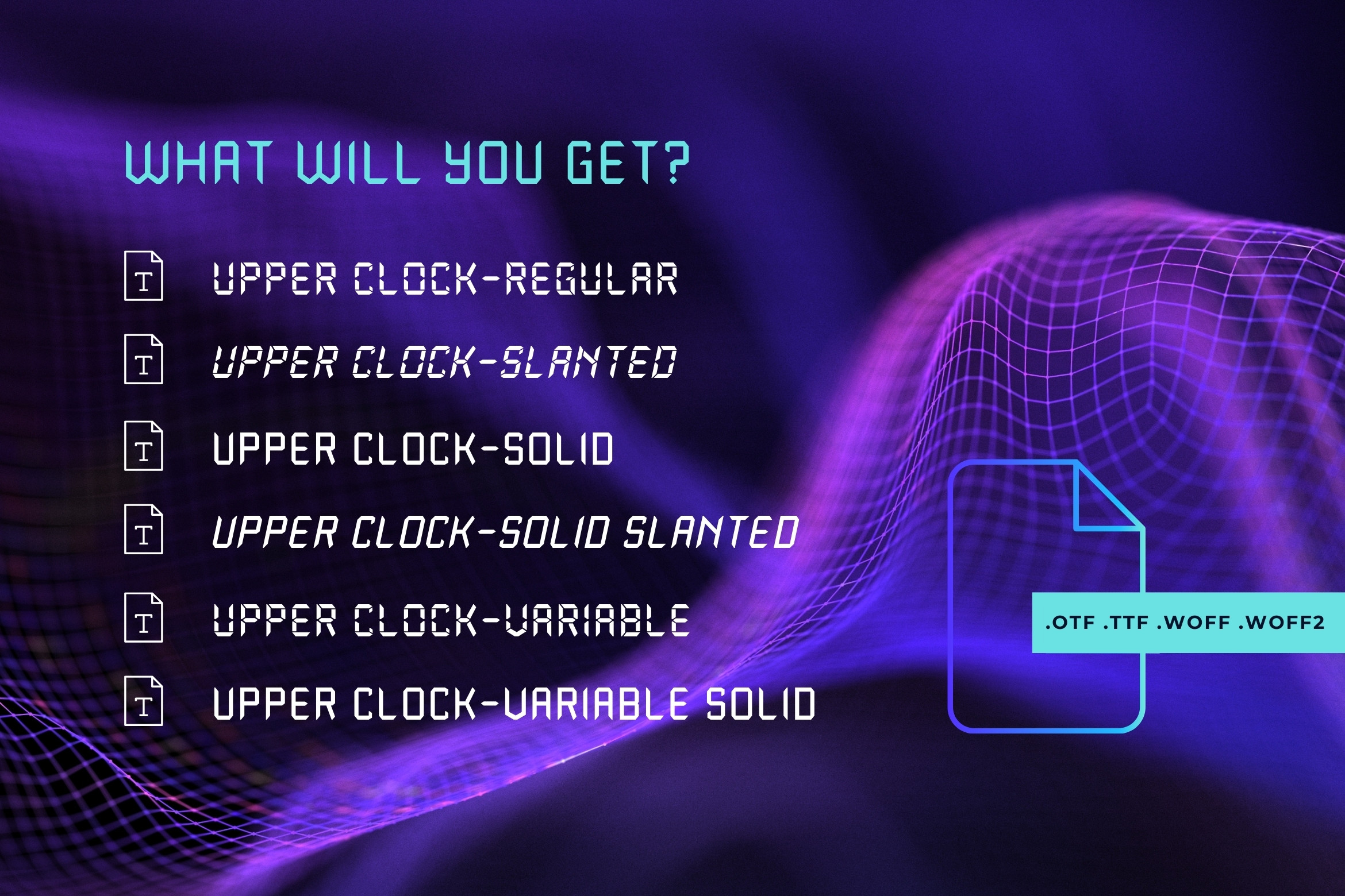 Upper Clock font family with 6 weights on neon purple wireframe background