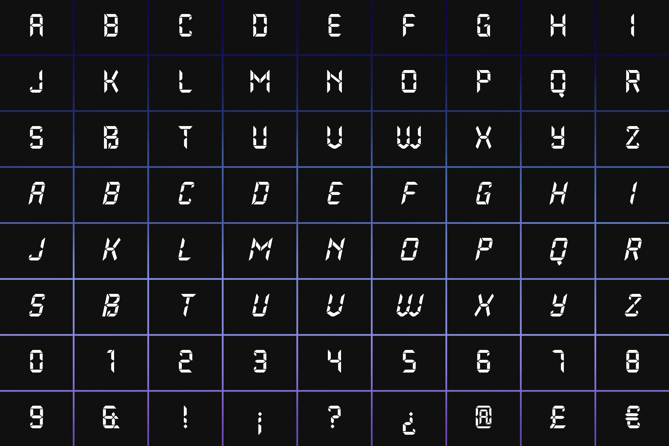 Retro digital font character grid with glowing blue lines on black background